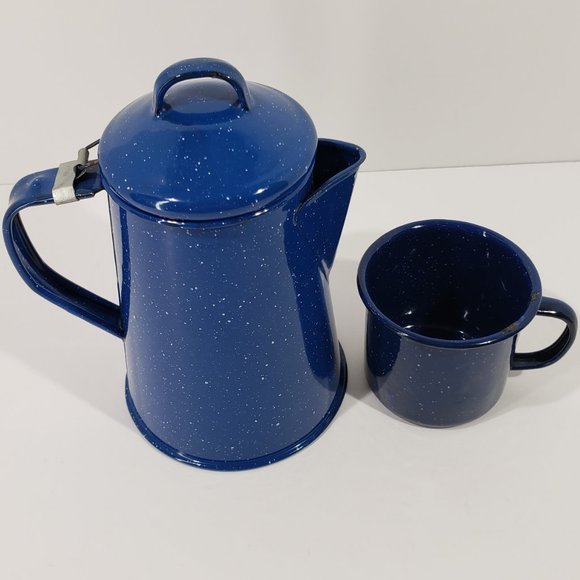 Blue & White, Navy Trimmed Speckled Coffee Pot Enamel Ware with One Cup - Picture 3 of 7